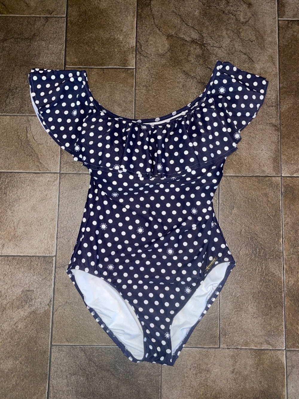 Michael Kors Navy Blue w/ White Polka Dots Ruffle Off The Shoulder 1 Piece Swims